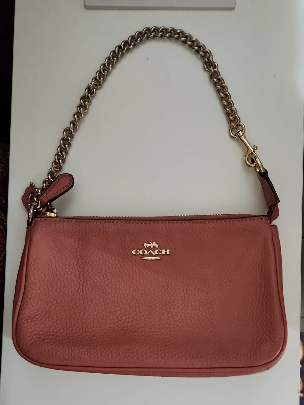 Coach Pebble Leather Shoulder Wristlet in Dusty Rose with Gold Chain
